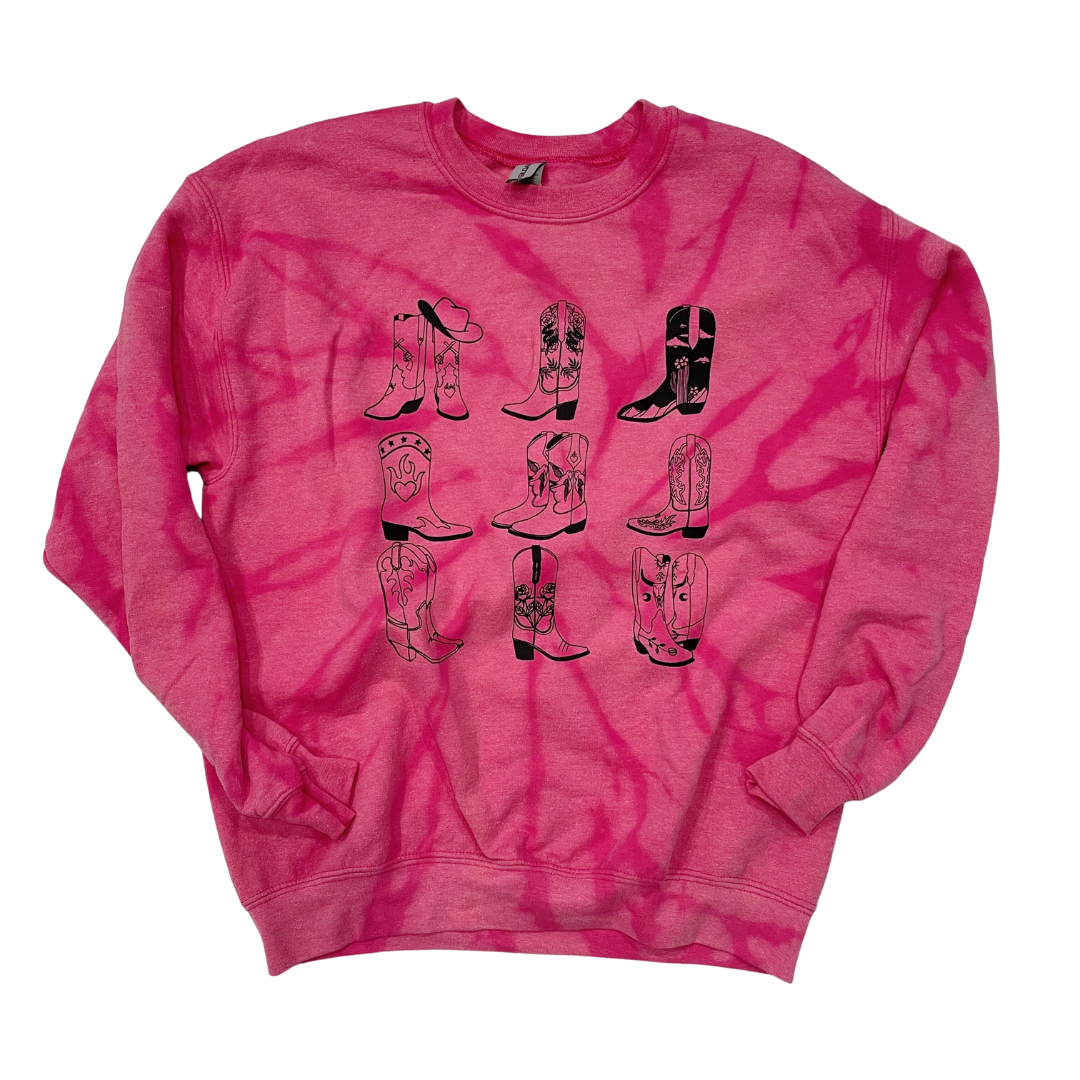 Cowgirl Boots Pink Bleach Dye Sweatshirt