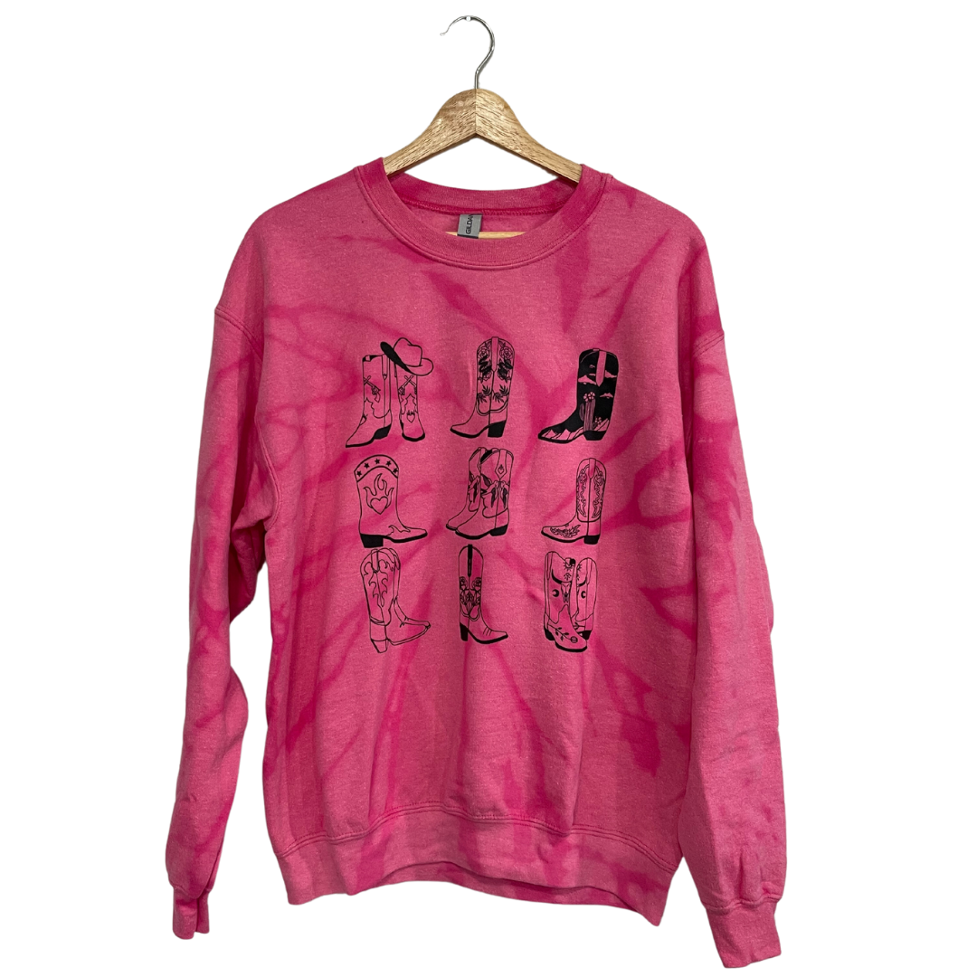 Cowgirl Boots Pink Bleach Dye Sweatshirt