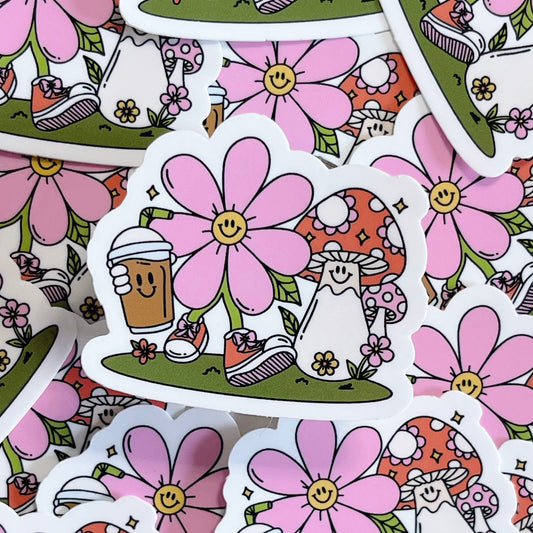 Flower & Mushroom Coffee Run Sticker