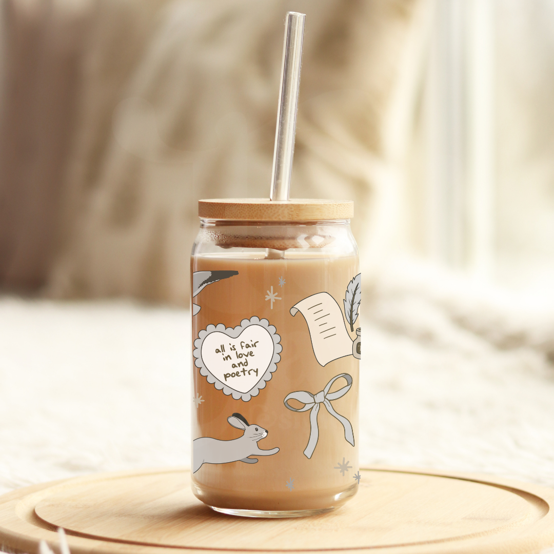 All is Fair in Love and Poerty TTPD 16oz Glass Can with Bamboo Lid &  Glass Straw