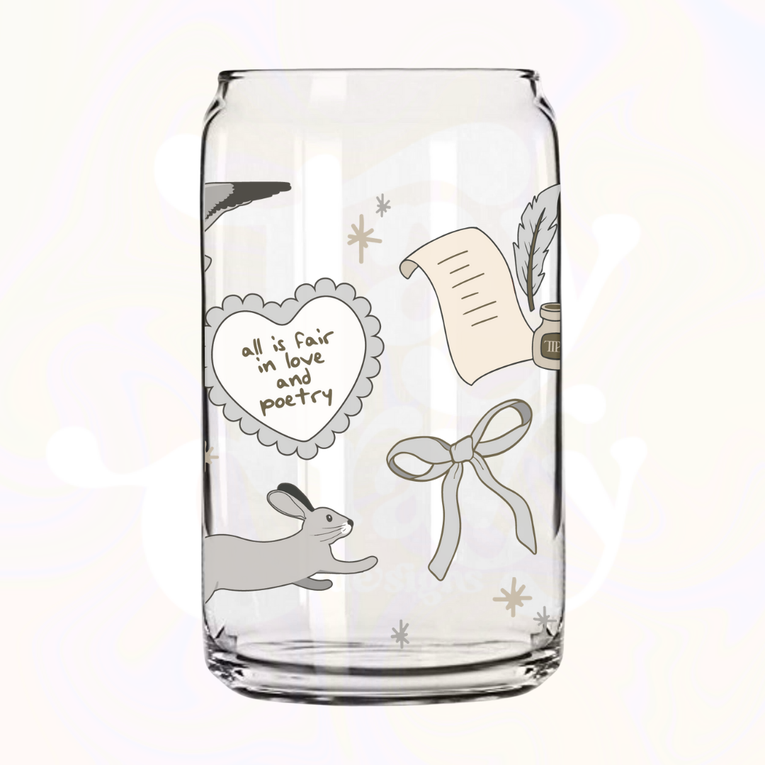 All is Fair in Love and Poerty TTPD 16oz Glass Can with Bamboo Lid &  Glass Straw