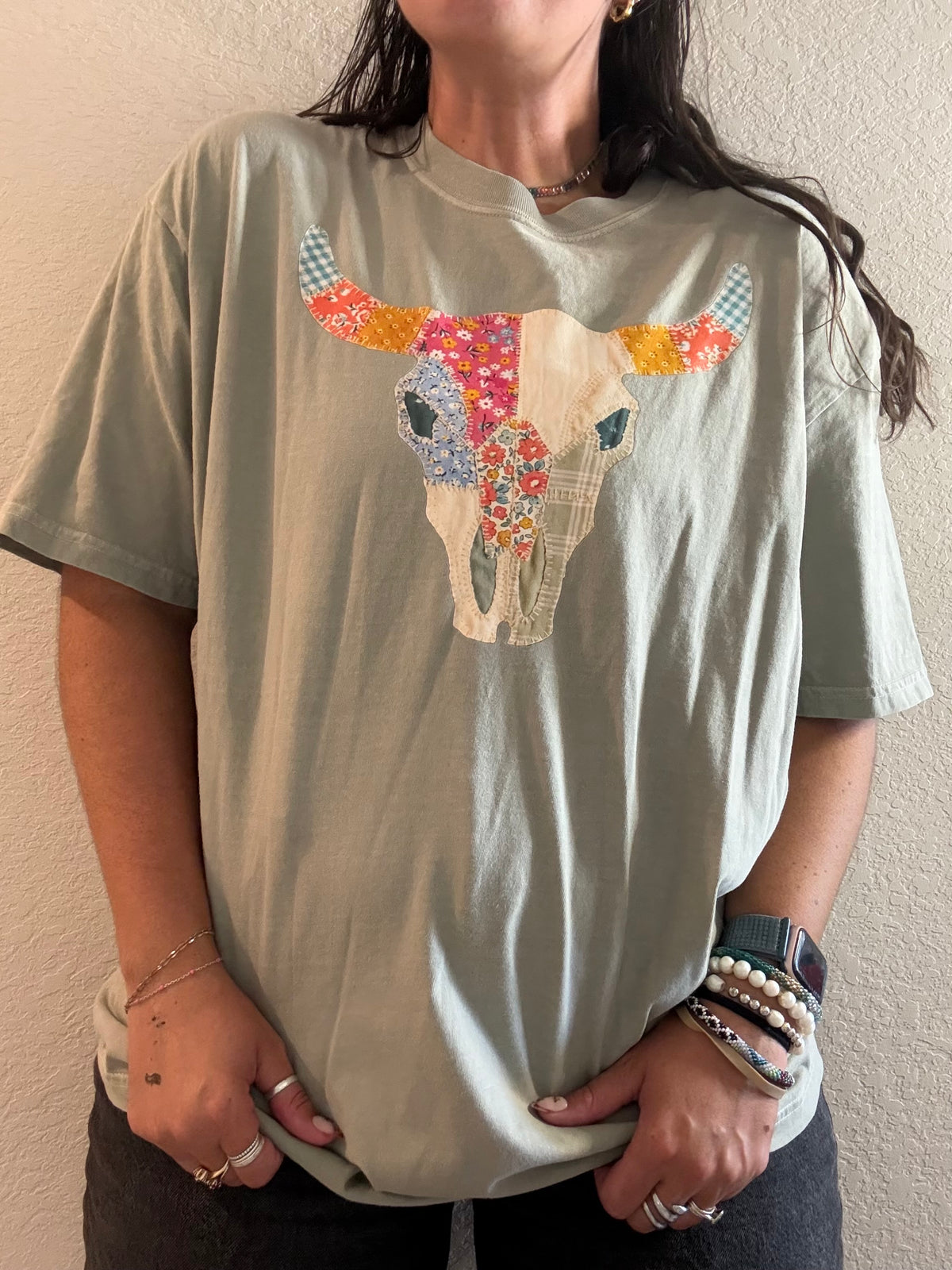 Patchwork Longhorn Skull Tee