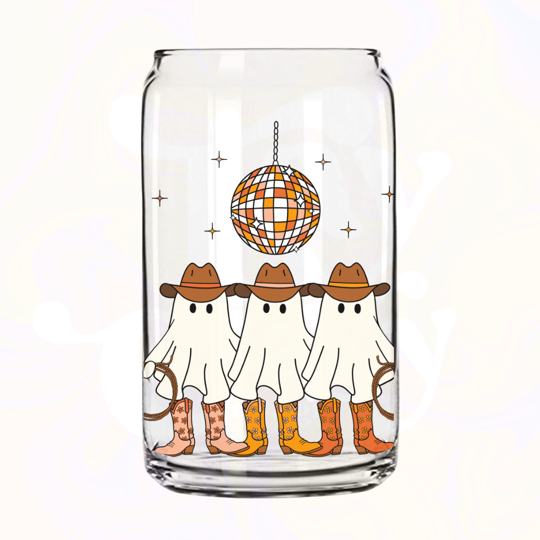 Disco Cowghouls 16oz Glass Can with Bamboo Lid &  Glass Straw