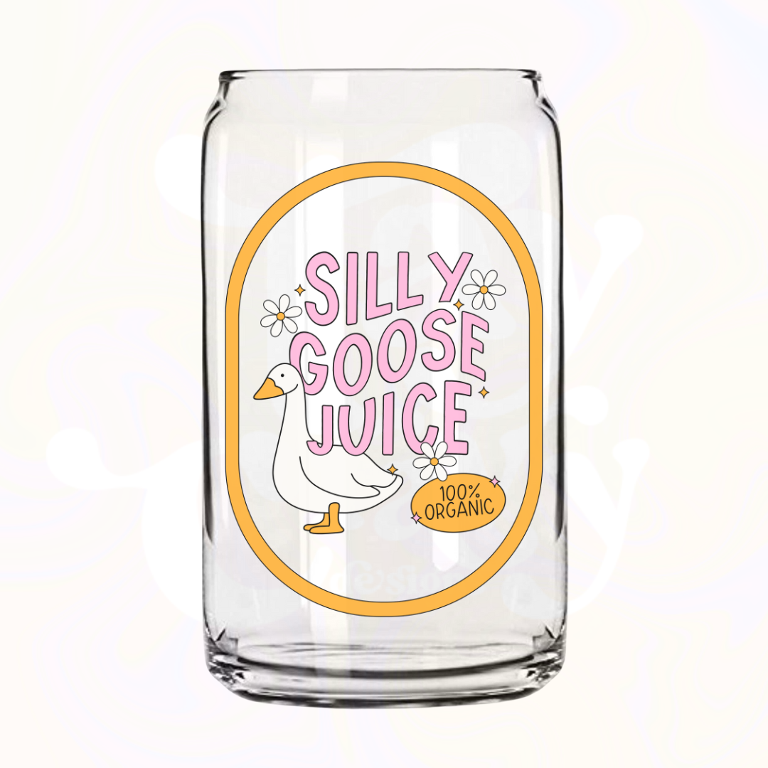 Silly Goose Juice 16oz Glass Can with Bamboo Lid &  Glass Straw