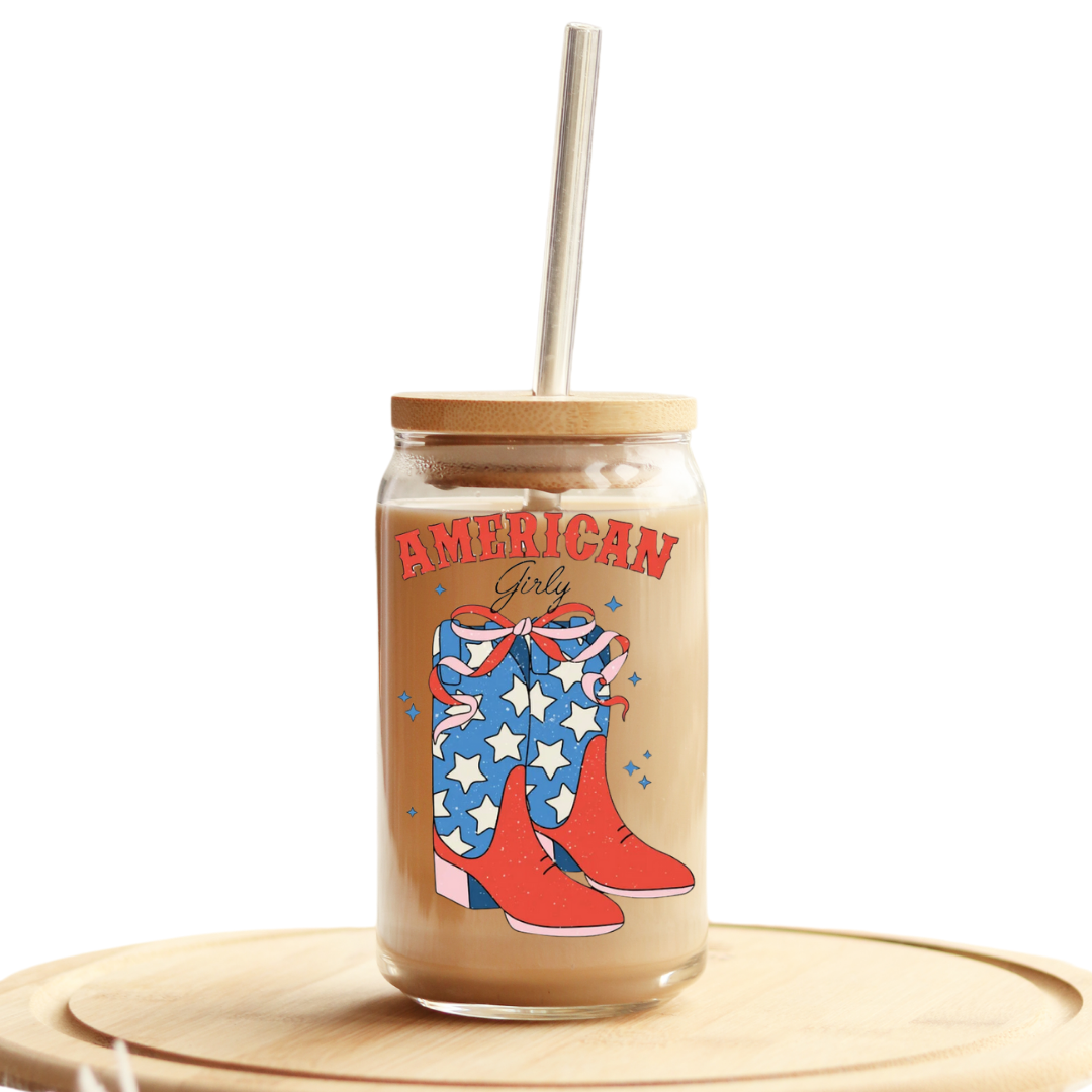 American Girlie 16oz Glass Can with Bamboo Lid & Glass Straw