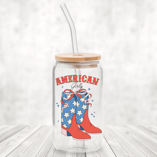 American Girlie 16oz Glass Can with Bamboo Lid & Glass Straw