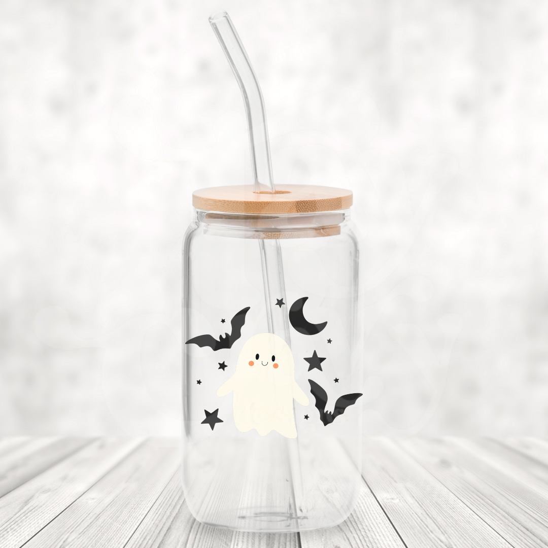 Battie Ghost 16oz Glass Can with Bamboo Lid &  Glass Straw