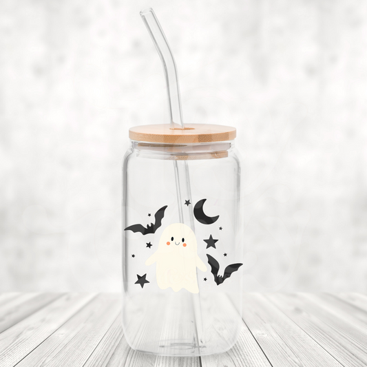 Battie Ghost 16oz Glass Can with Bamboo Lid &  Glass Straw