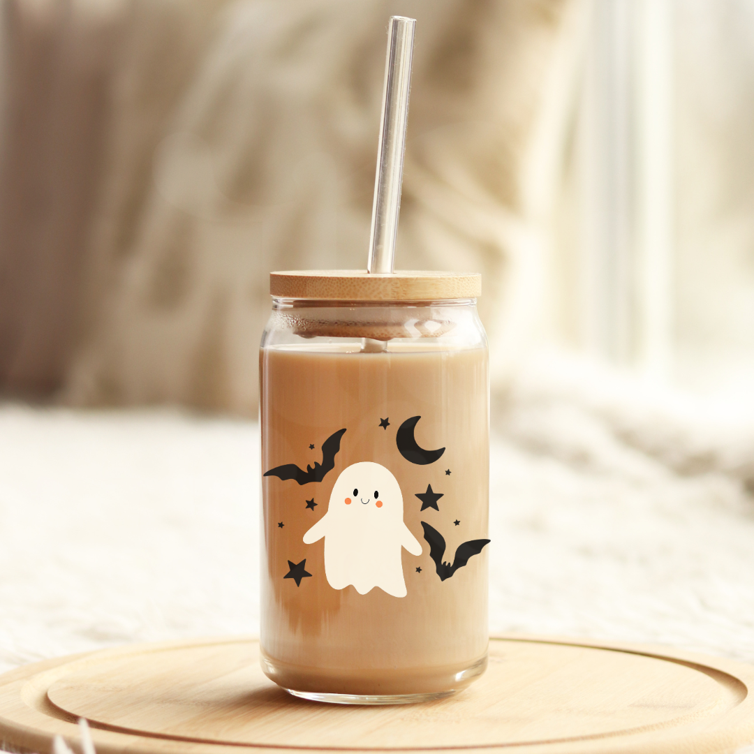 Battie Ghost 16oz Glass Can with Bamboo Lid &  Glass Straw