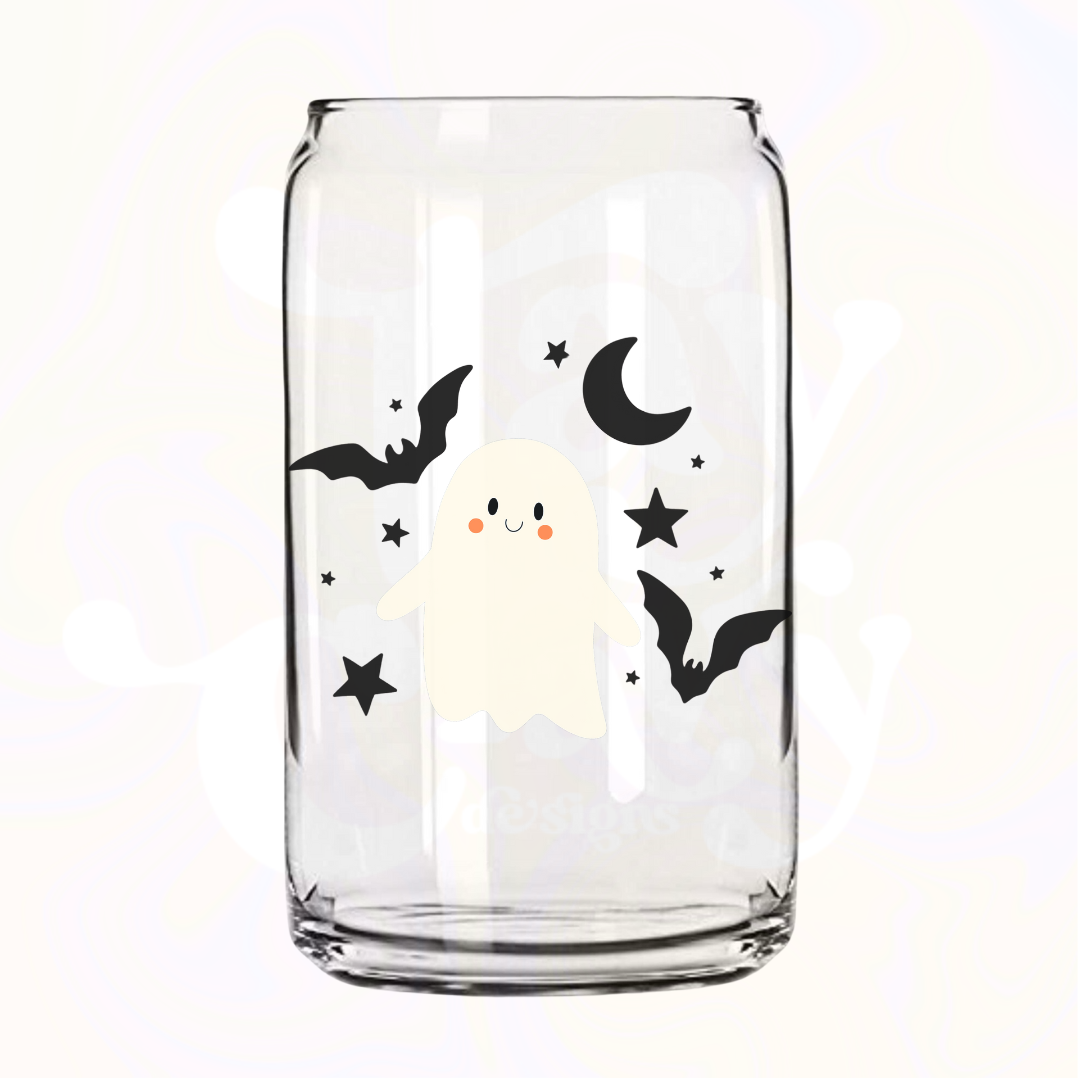 Battie Ghost 16oz Glass Can with Bamboo Lid &  Glass Straw