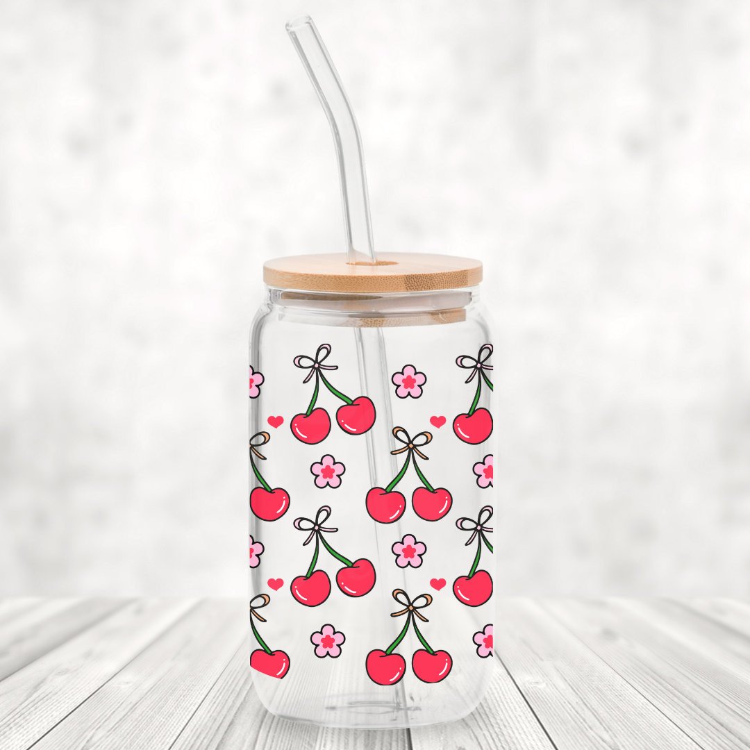 Bow Cherries 16oz Glass Can with Bamboo Lid & Glass Straw