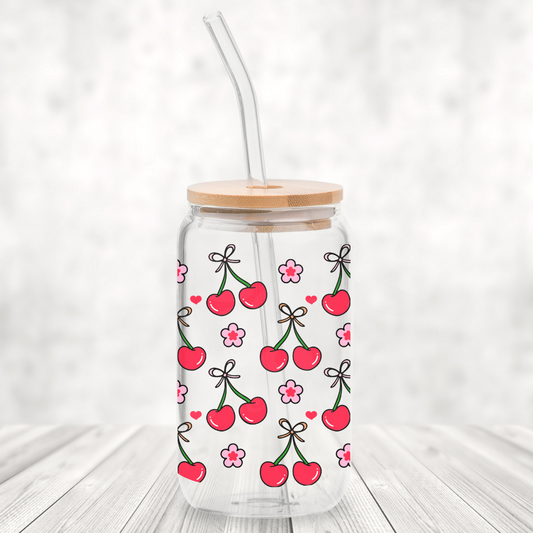 Bow Cherries 16oz Glass Can with Bamboo Lid & Glass Straw