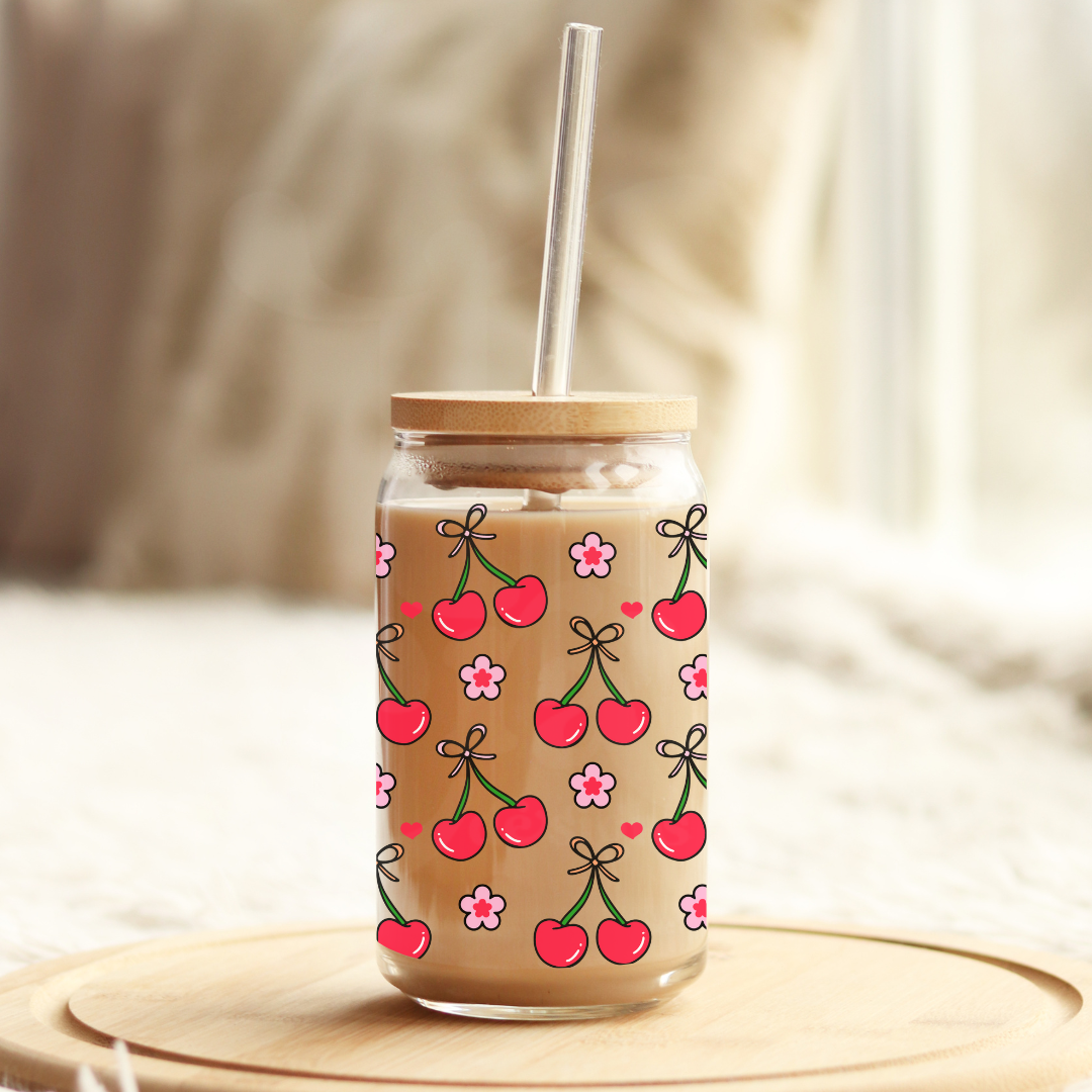 Bow Cherries 16oz Glass Can with Bamboo Lid & Glass Straw