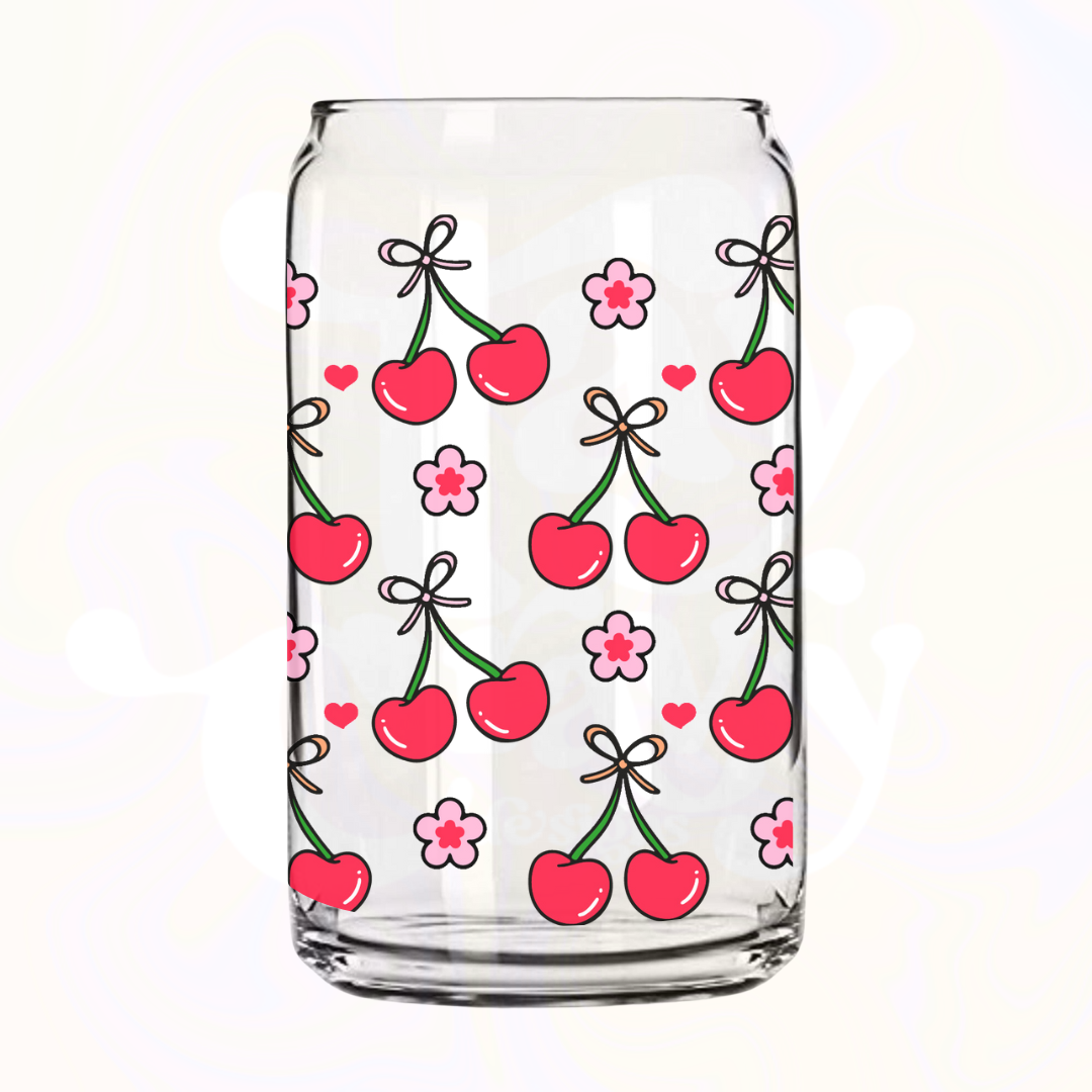 Bow Cherries 16oz Glass Can with Bamboo Lid & Glass Straw