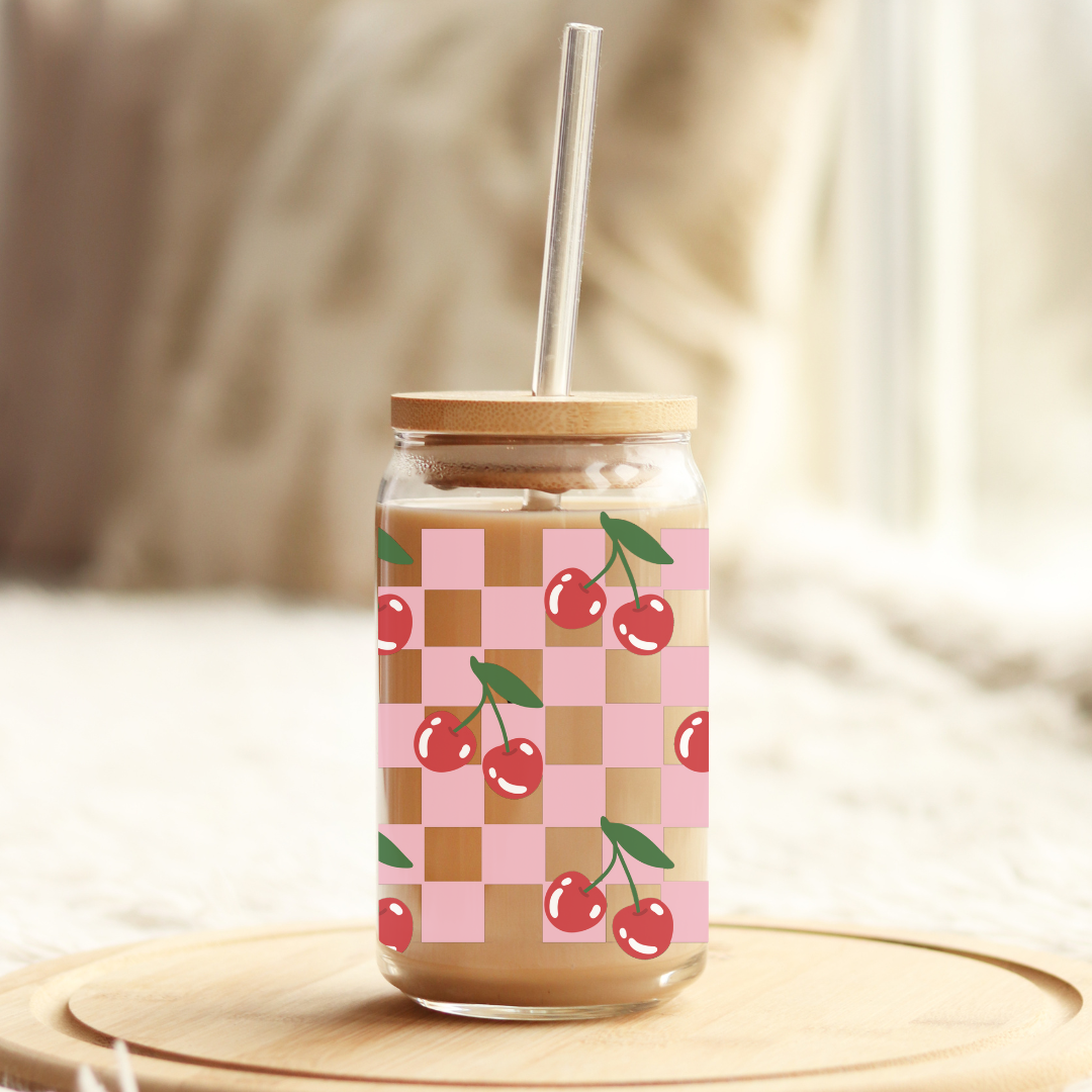 Checkered Cherries  16oz Glass Can with Bamboo Lid &  Glass Straw