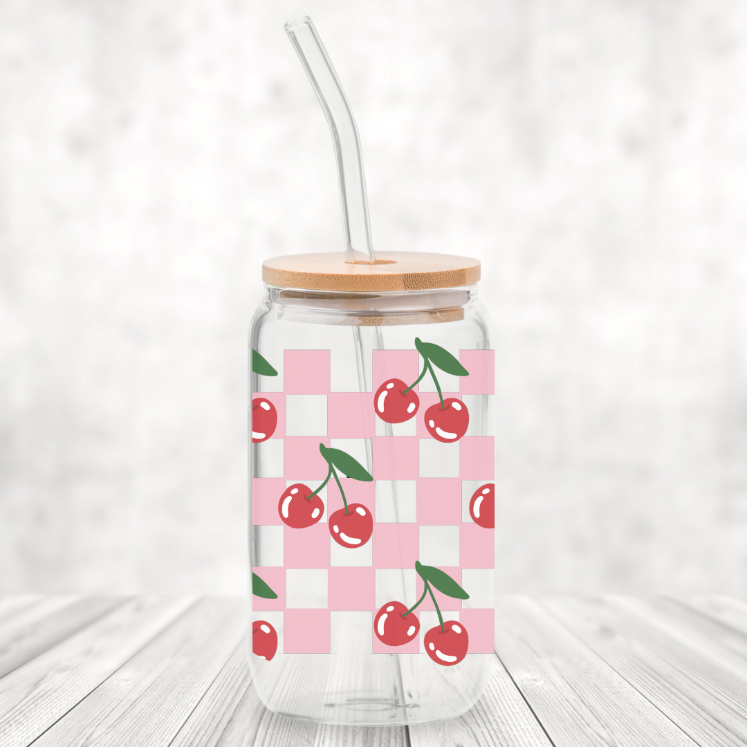 Checkered Cherries  16oz Glass Can with Bamboo Lid &  Glass Straw