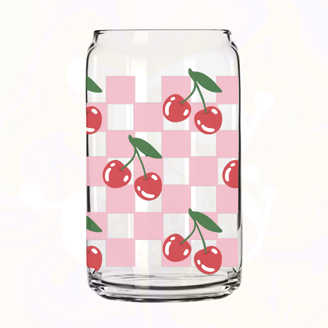 Checkered Cherries  16oz Glass Can with Bamboo Lid &  Glass Straw