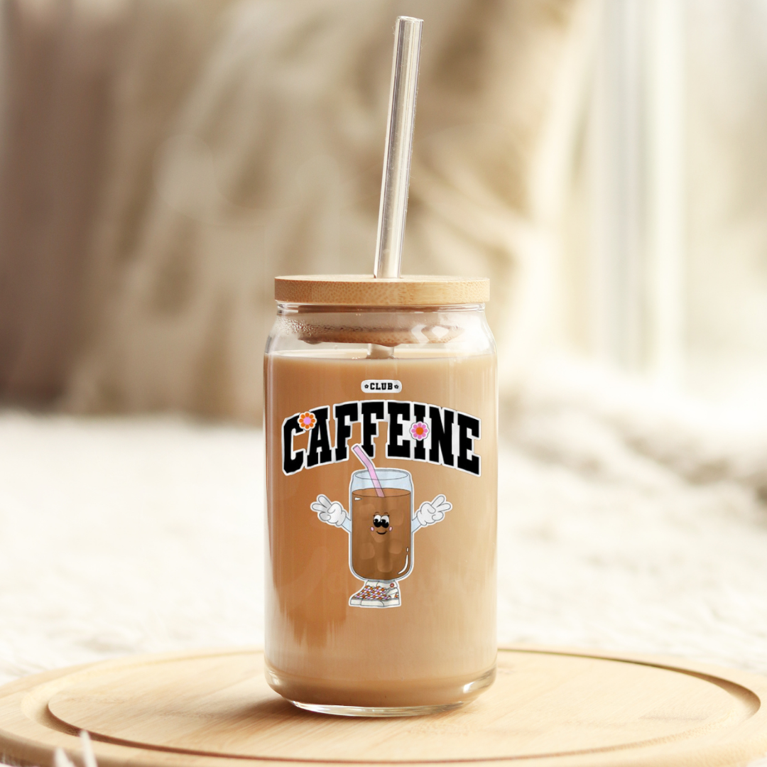 Club Caffeine 16oz Glass Can with Bamboo Lid &  Glass Straw