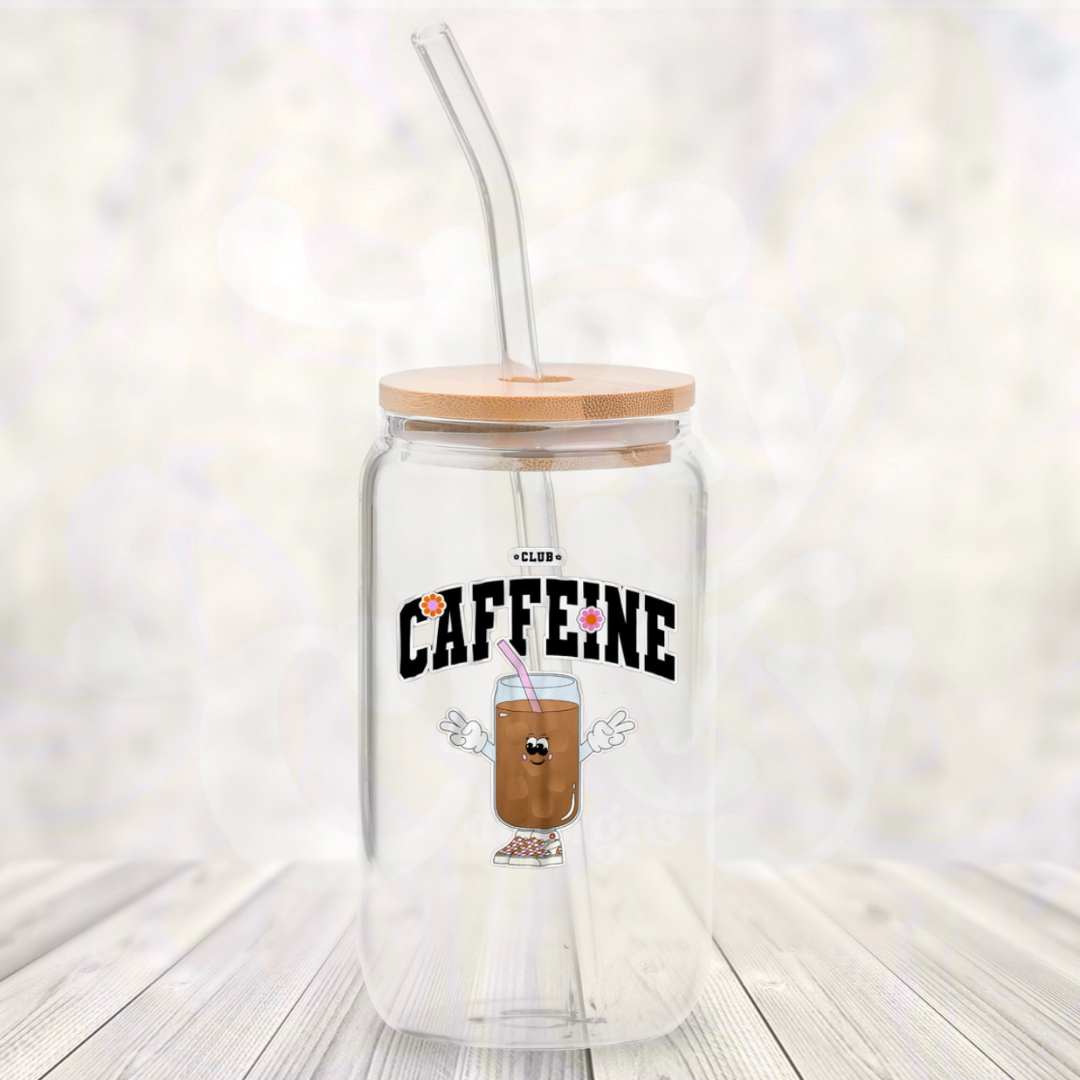 Club Caffeine 16oz Glass Can with Bamboo Lid &  Glass Straw