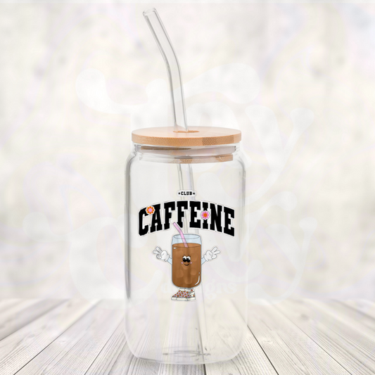 Club Caffeine 16oz Glass Can with Bamboo Lid &  Glass Straw