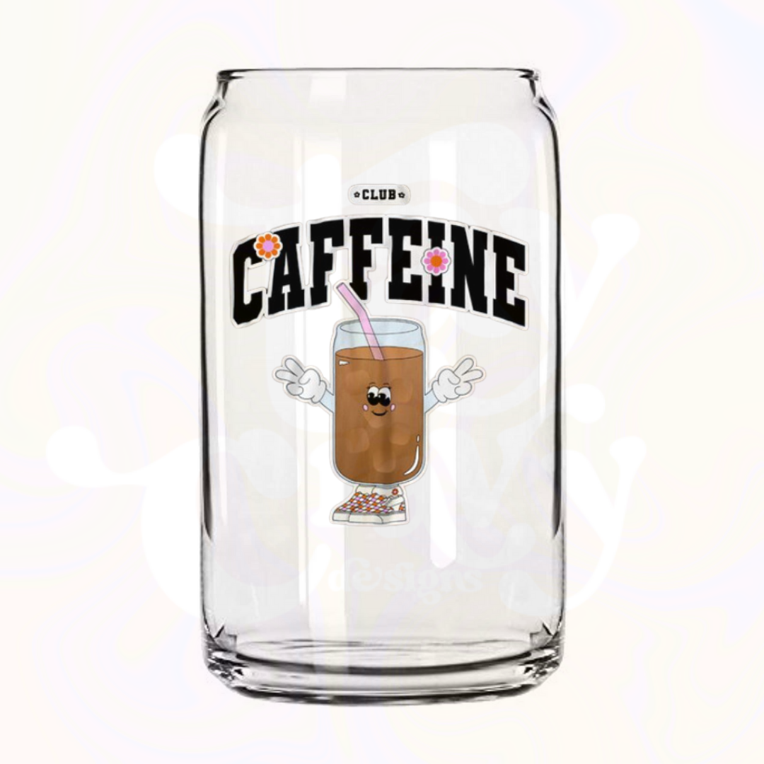 Club Caffeine 16oz Glass Can with Bamboo Lid &  Glass Straw