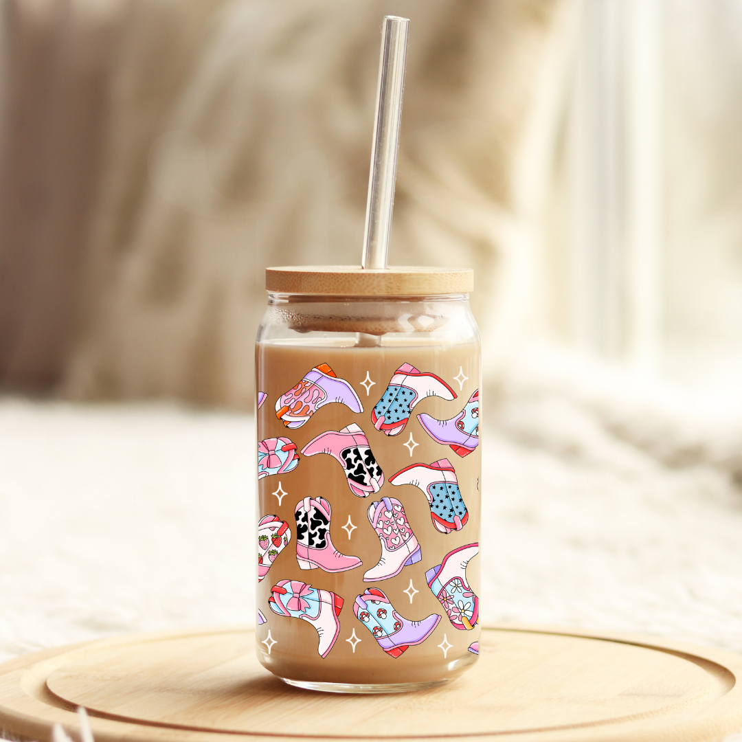 Cowgirl Boots 16oz Glass Can with Bamboo Lid & Glass Straw