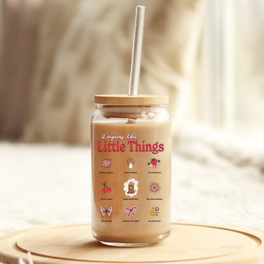 Enjoy The Little Things 16oz Glass Can with Bamboo Lid &  Glass Straw