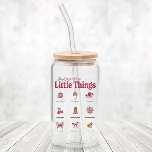 Enjoy The Little Things 16oz Glass Can with Bamboo Lid &  Glass Straw