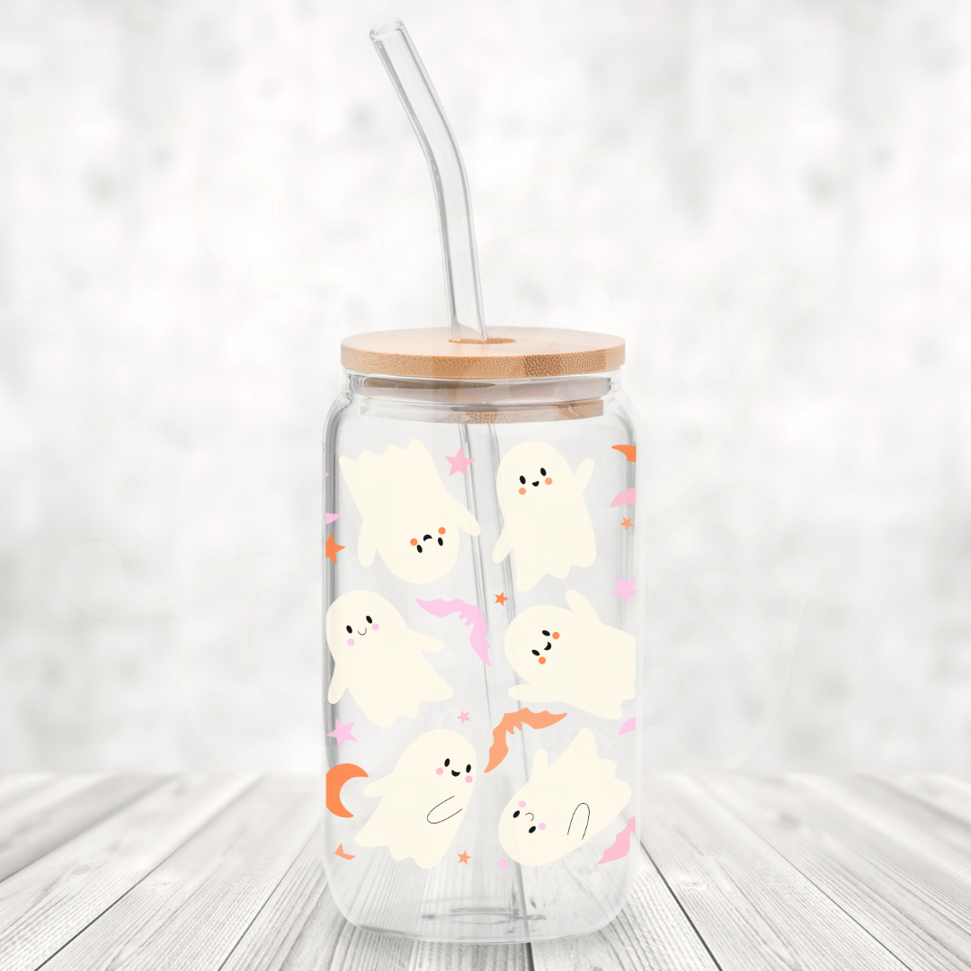 Cute Ghosty Wrap 16oz Glass Can with Bamboo Lid &  Glass Straw