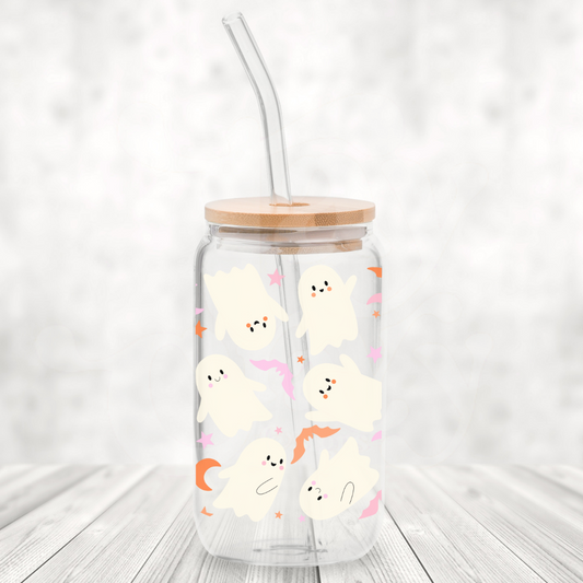 Cute Ghosty Wrap 16oz Glass Can with Bamboo Lid &  Glass Straw