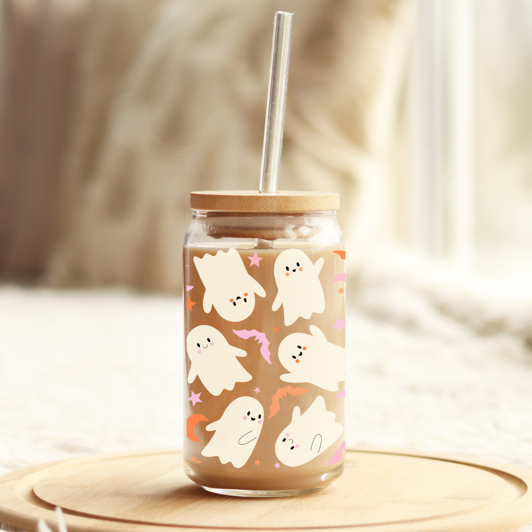 Cute Ghosty Wrap 16oz Glass Can with Bamboo Lid &  Glass Straw