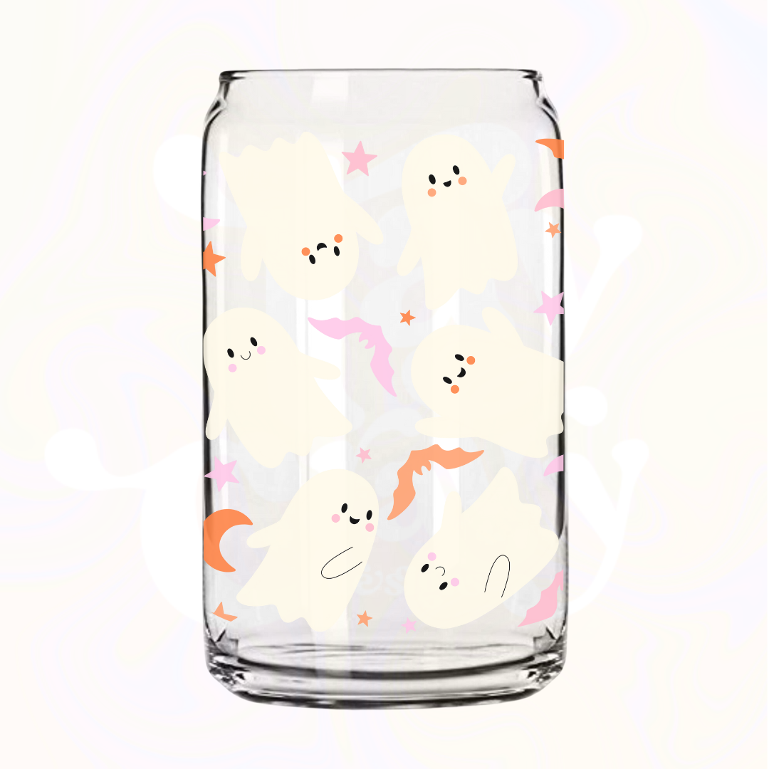 Cute Ghosty Wrap 16oz Glass Can with Bamboo Lid &  Glass Straw