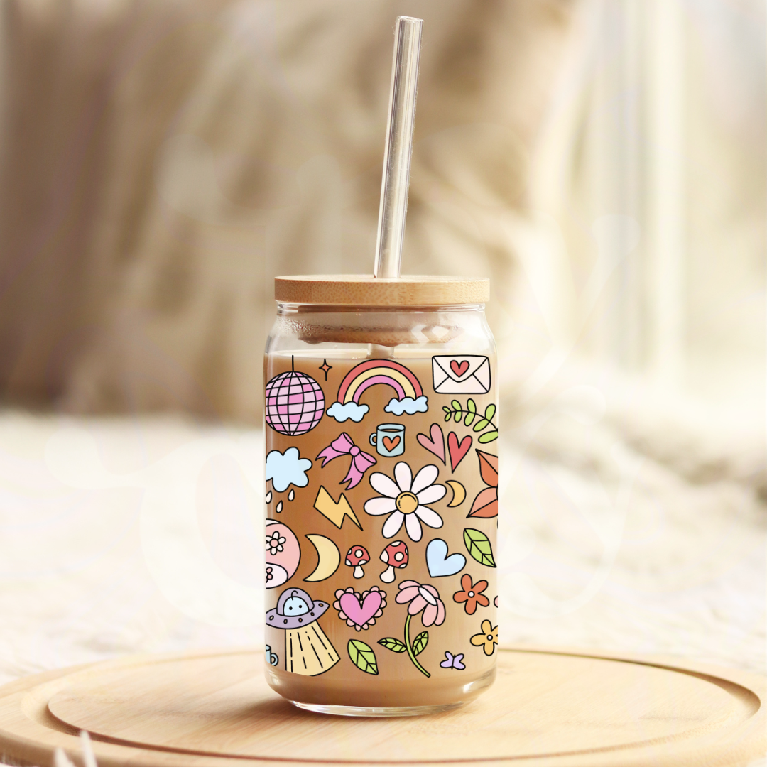 Groovy Doodles 16oz Glass Can with Bamboo Lid &  Glass Straw