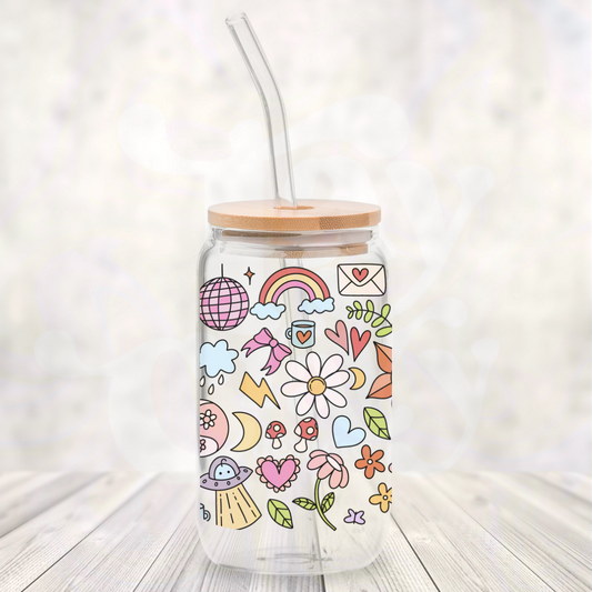 Groovy Doodles 16oz Glass Can with Bamboo Lid &  Glass Straw