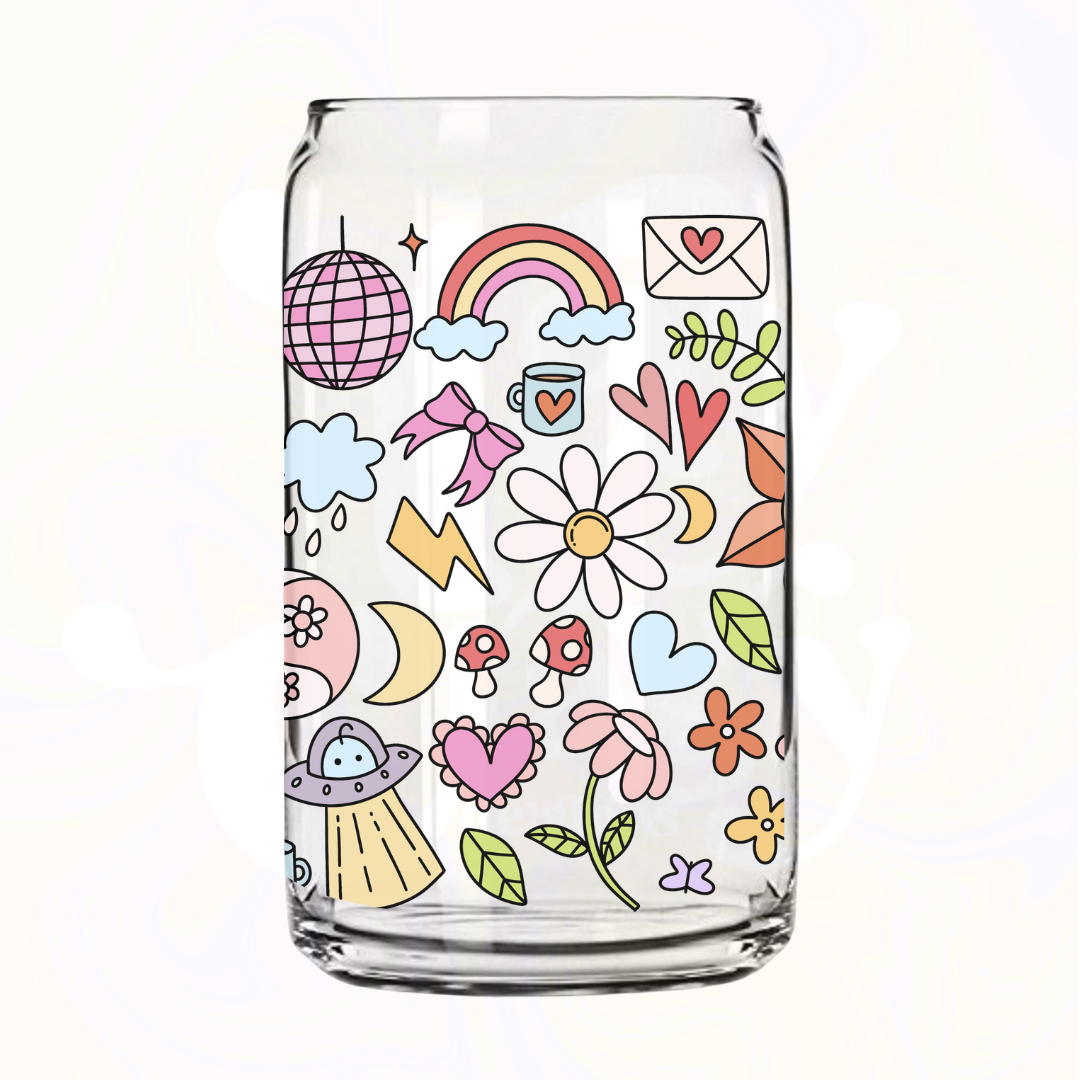 Groovy Doodles 16oz Glass Can with Bamboo Lid &  Glass Straw