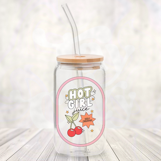 Hot Girl Juice 16oz Glass Can with Bamboo Lid &  Glass Straw