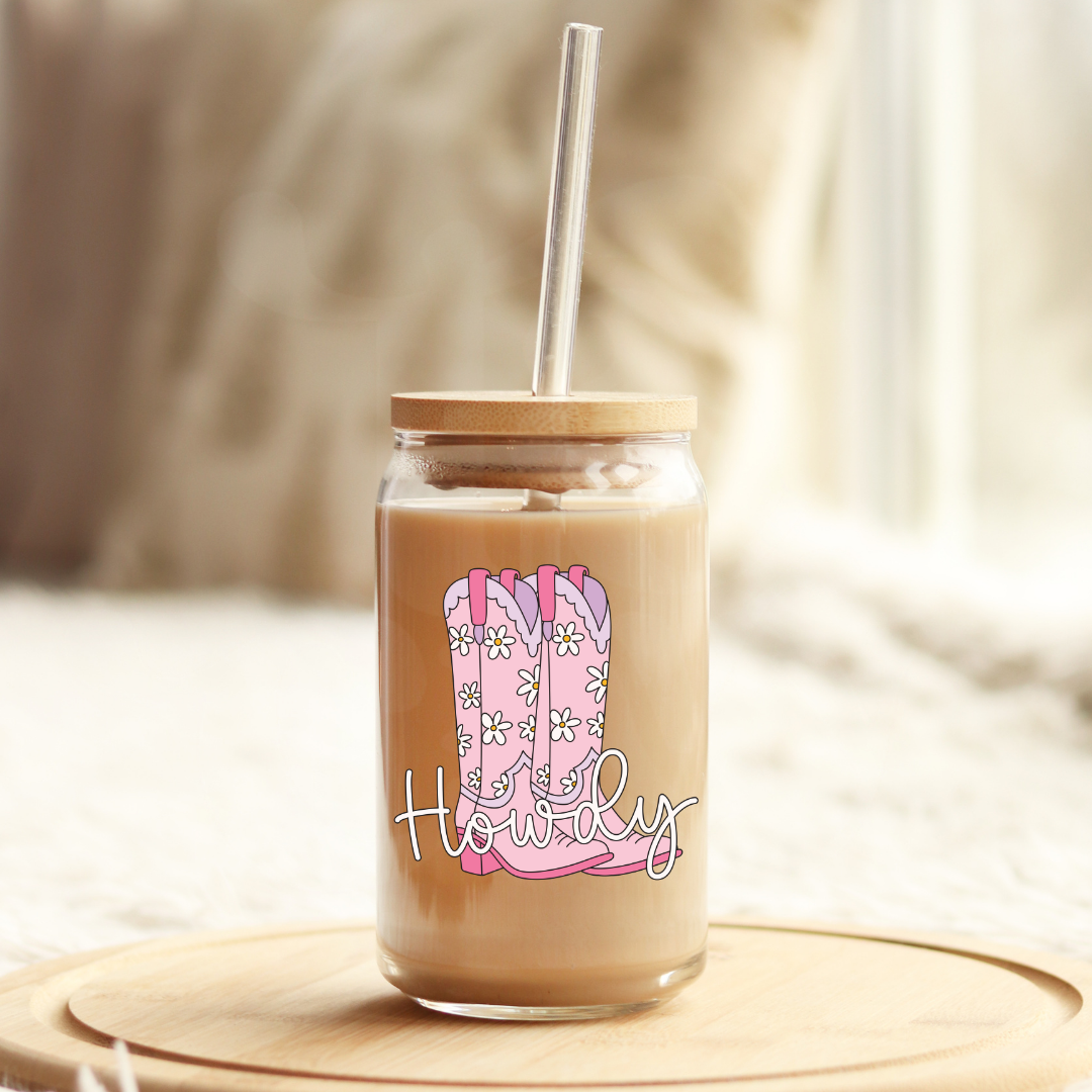 Howdy 16oz Glass Can with Bamboo Lid &  Glass Straw