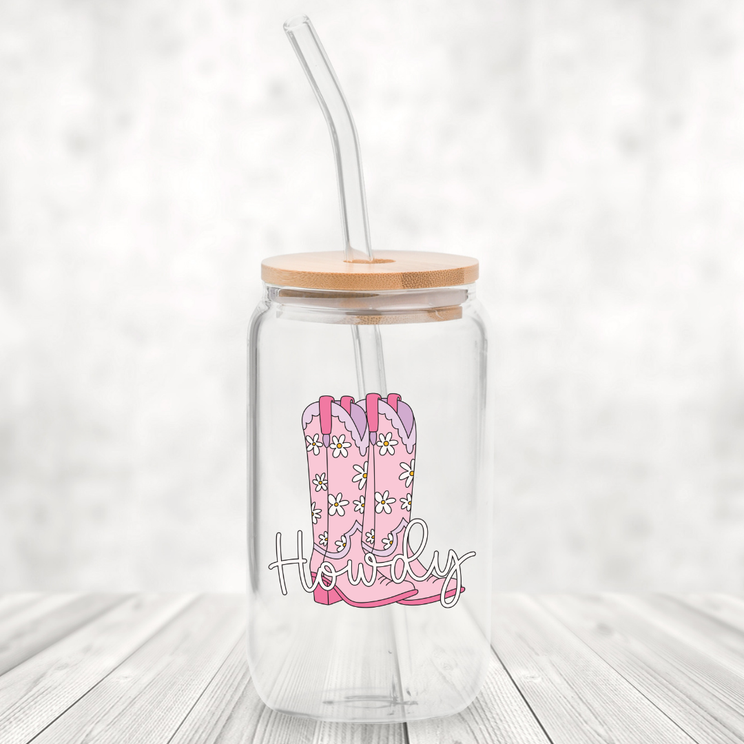 Howdy 16oz Glass Can with Bamboo Lid &  Glass Straw