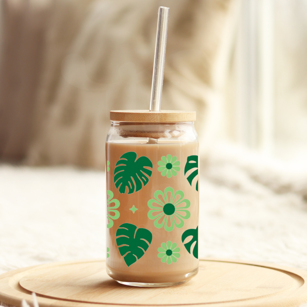 Monstera 16oz Glass Can with Bamboo Lid & Glass Straw