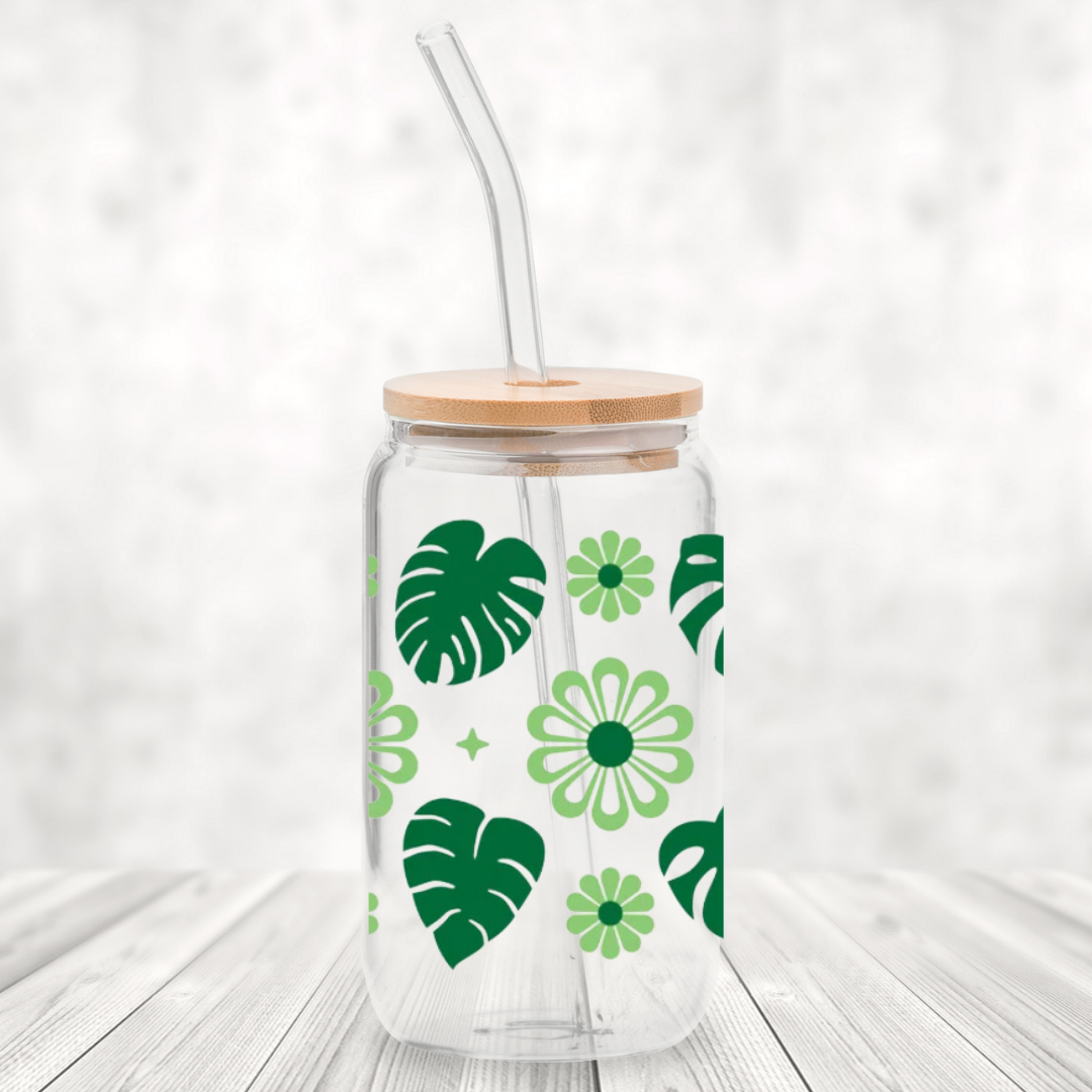 Monstera 16oz Glass Can with Bamboo Lid & Glass Straw