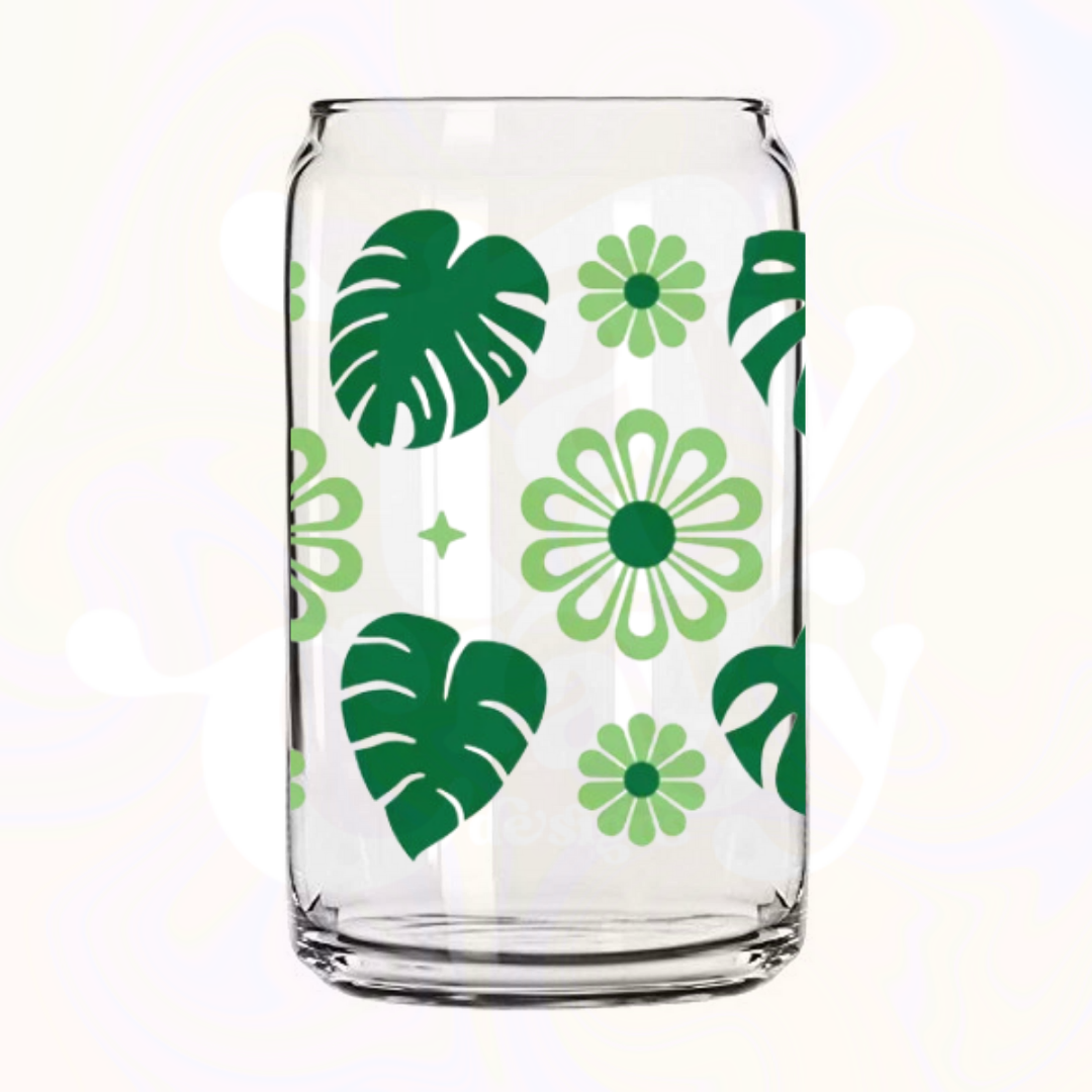 Monstera 16oz Glass Can with Bamboo Lid & Glass Straw