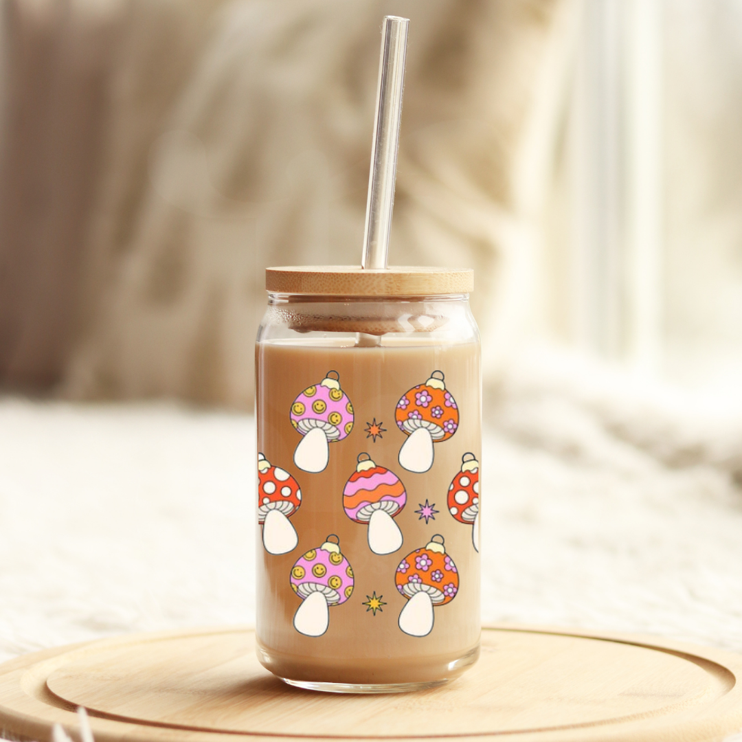 Mushroom Ornaments 16oz Glass Cup with Bamboo Lid & Straw