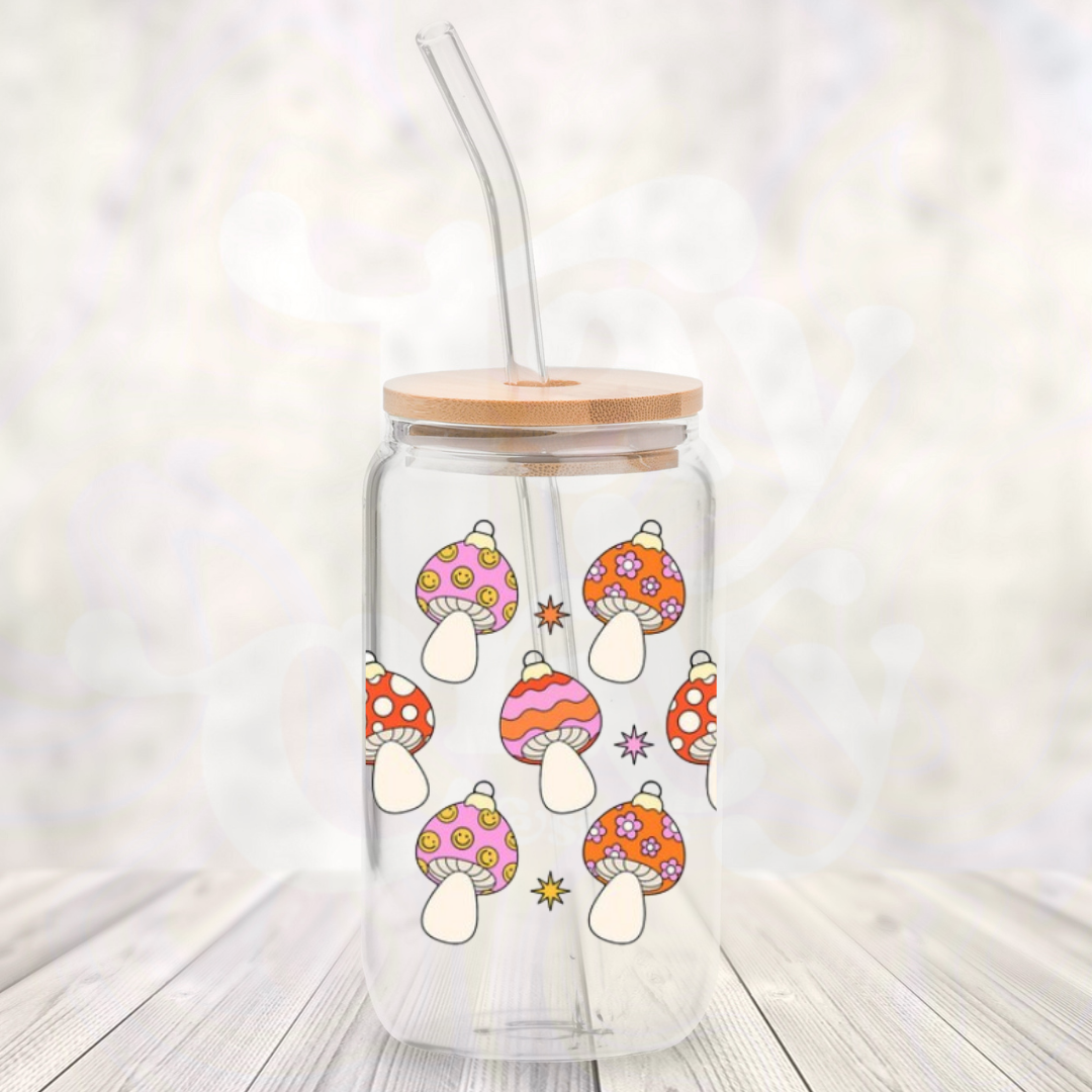 Mushroom Ornaments 16oz Glass Cup with Bamboo Lid & Straw