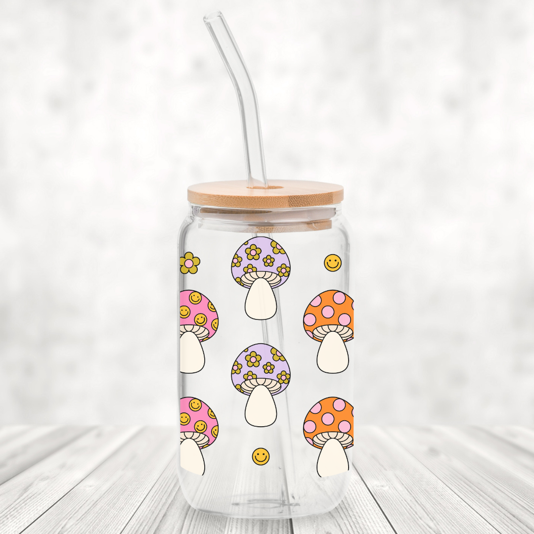 Mushrooms 16oz Glass Can with Bamboo Lid &  Glass Straw