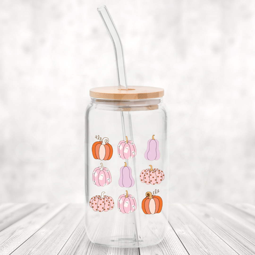 Pastel Pumpkins 16oz Glass Can with Bamboo Lid &  Glass Straw