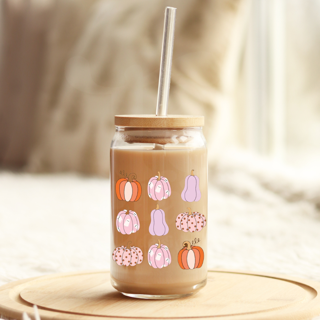 Pastel Pumpkins 16oz Glass Can with Bamboo Lid &  Glass Straw