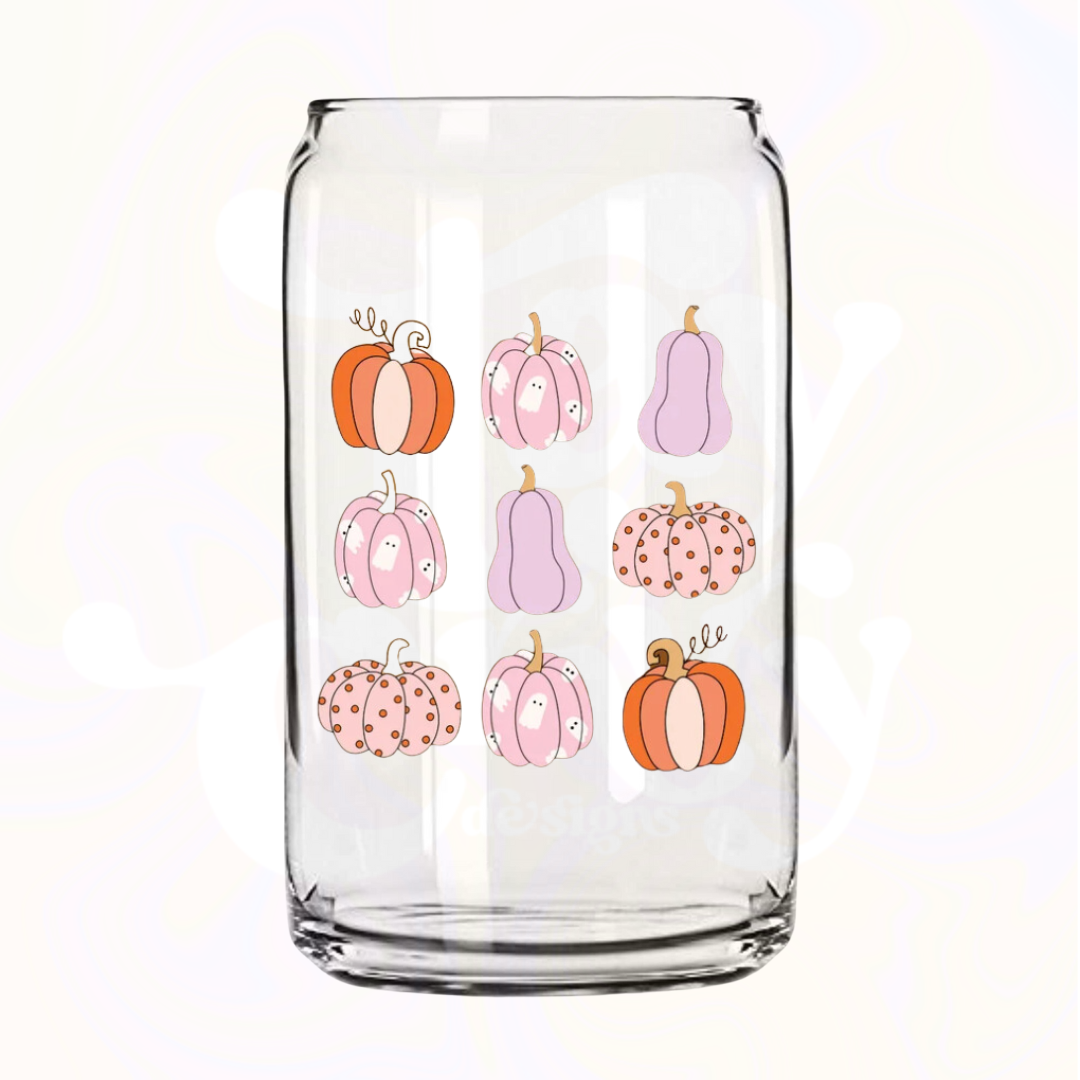 Pastel Pumpkins 16oz Glass Can with Bamboo Lid &  Glass Straw