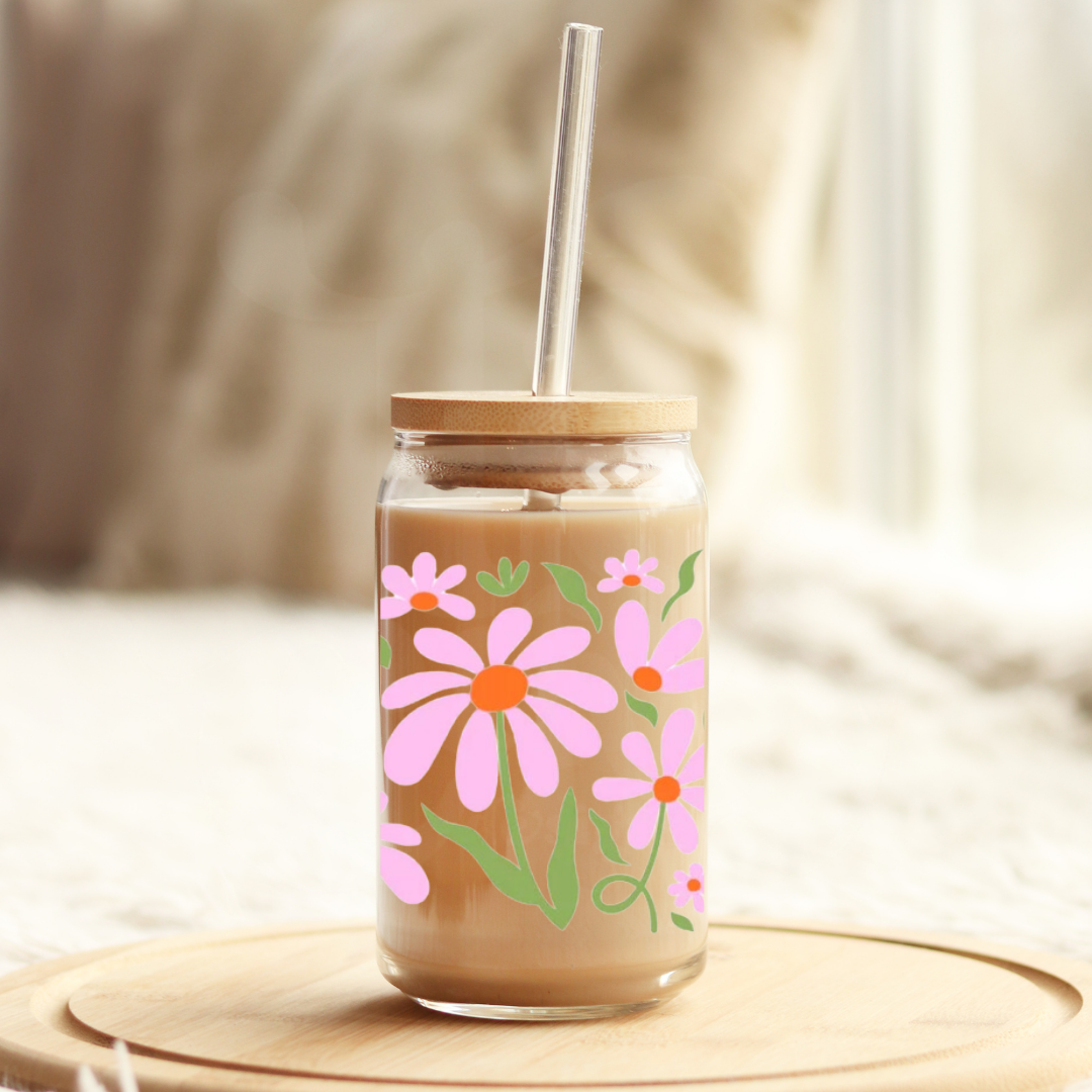 Pink Flowers 16oz Glass Can with Bamboo Lid &  Glass Straw