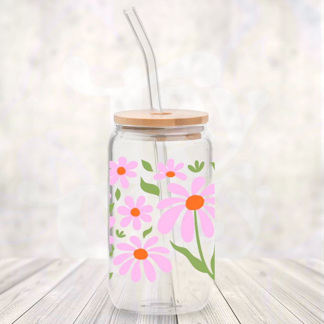 Pink Flowers 16oz Glass Can with Bamboo Lid &  Glass Straw