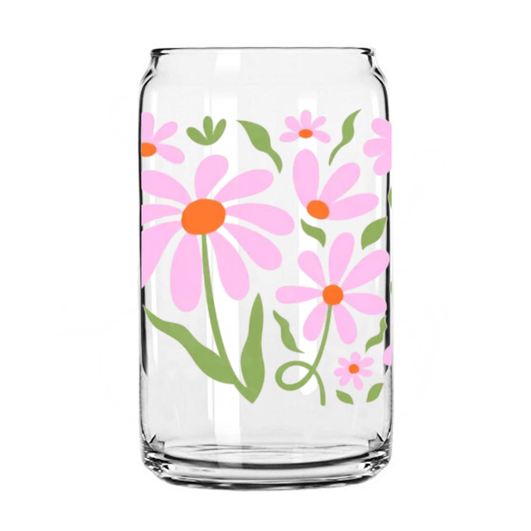 Pink Flowers 16oz Glass Can with Bamboo Lid &  Glass Straw